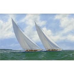 George Drury (British 1950-): 'Yankee and Endeavour off Cowes 1936', oil on board signed, titled verso 47cm x 73cm