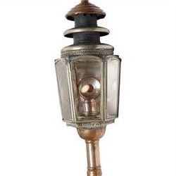 J Marston & Co. Ltd. (Birmingham) - pair of Victorian copper glazed and white metal carriage lamps with toleware outer-body, hexagonal body with faceted bevelled glass and reflective panels one inset with circular red reverse light, surmounted by a turned copper finial over a pagoda form chimney, raised on turned copper spoke, maker engraved to candle mount