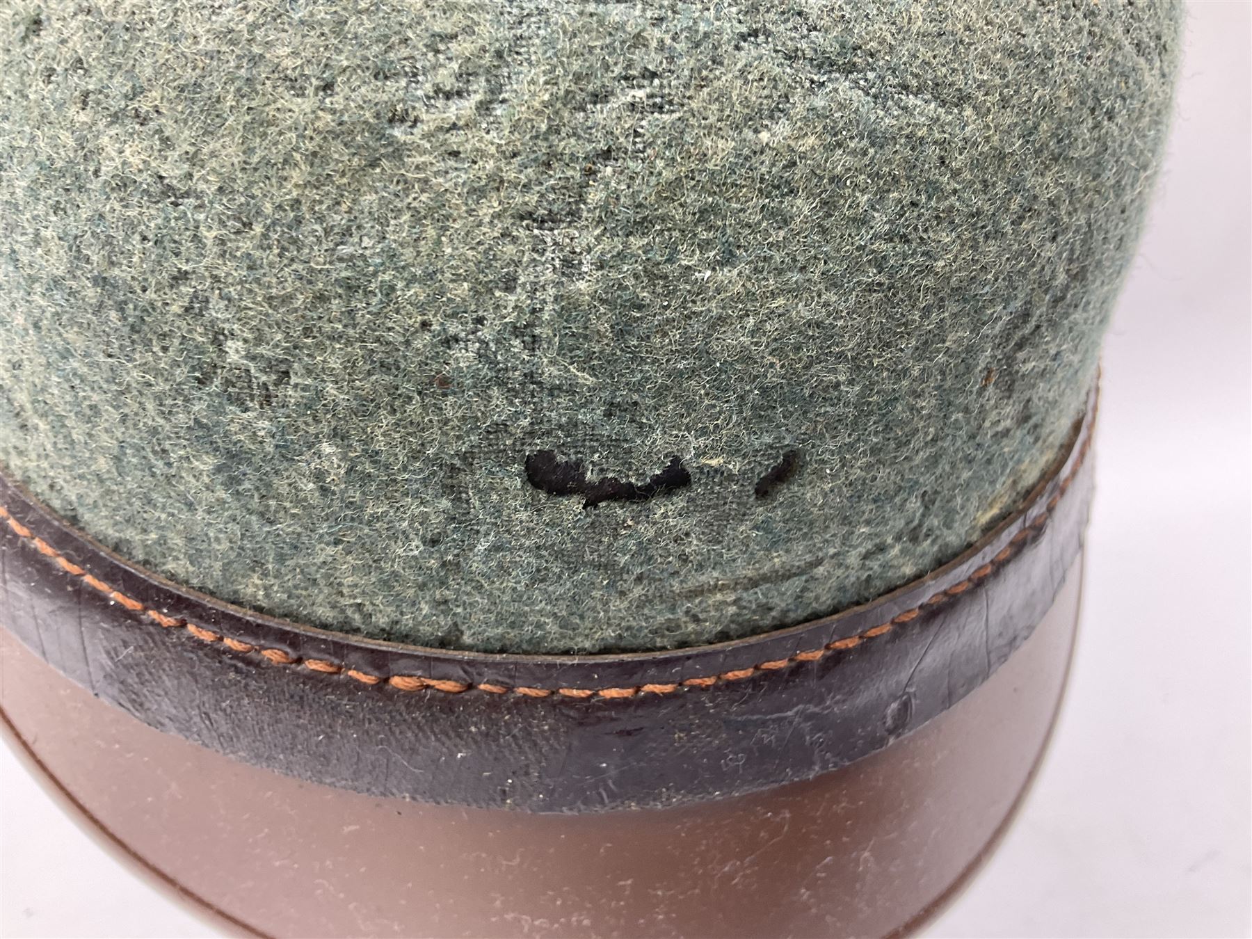 WW2 German rural police shako with helmet plate and liner; bears label 'Hans Romer Echt Fiber-Tschako Neu-Ulm (Donau)'