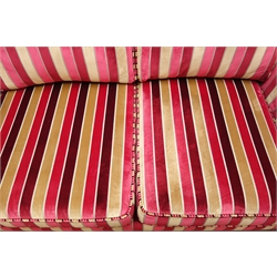  Two seat sofa upholstered in a red and gold striped fabric, W160cm  