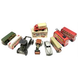 Wells Brimtoy/Pocketoy - eight tin-plate/clockwork or friction-drive vehicles comprising London Trolley Bus, two Double Decker buses, Tour Coach, Greenline Coach, open truck, boxed British railways van and Steam Roller; seven unboxed; and Pocketoy die-cast clockwork saloon car  (9)