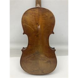 Late 19th century German trade violin c1890 with 36cm two-piece birds-eye maple back, neck and ribs and spruce top; bears label 'Manufactured in Berlin Special Copy of Nicolaus Amati' L59.5cm; in carrying case