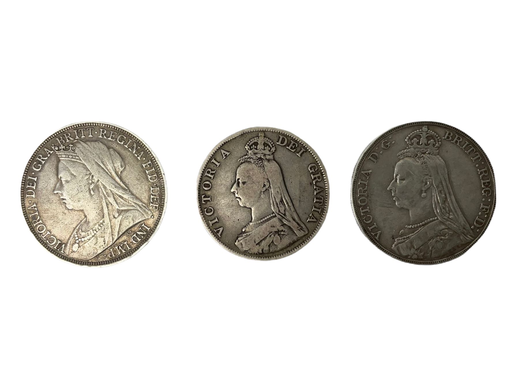 Queen Victoria 1889 and 1897 silver crown coins and 1887 double florin 