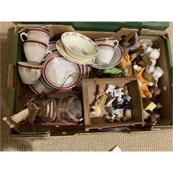 Two boxes of ceramics to include Royal Doulton Bunnykins bowl and plate, mid 20th century Myott part tea and dinner service decorated in the 'Royalty' pattern, Sylvac dog, Coopercraft spaniel, Shire horse and cart etc