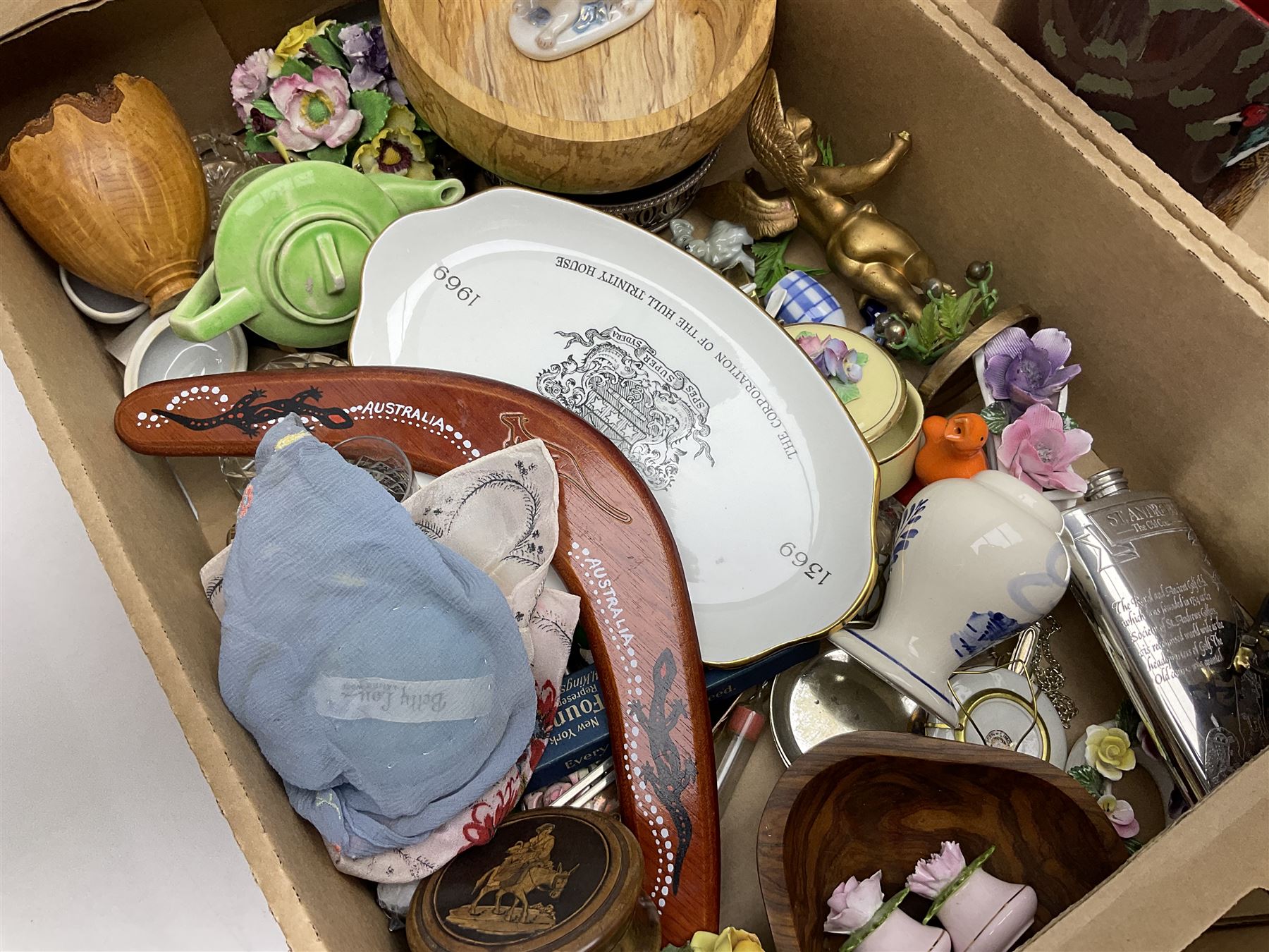 Five Goebel Hummel figures including Trumpet Boy, Max and Moritz and Soloist, Doulton Lambeth miniature tankard, Caithness Paisley Twist paperweight, Duchess Winchester tea and dinner wares and a collection of other ceramics and glassware, etc, in five boxes