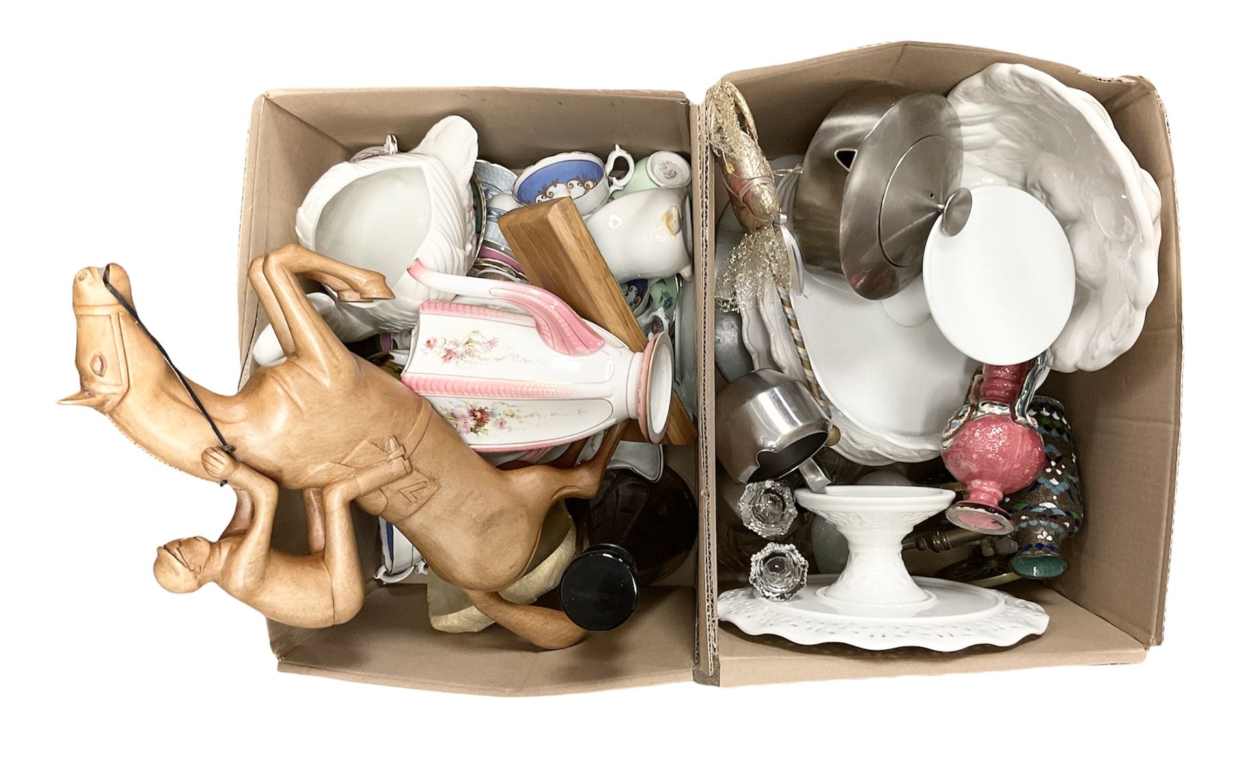 Nao vase in the form of a swan, together with various tea wares including 19th century and later tea cups and saucers, Royal Worcester coffee pot, without lid and other collectables, in two boxes 