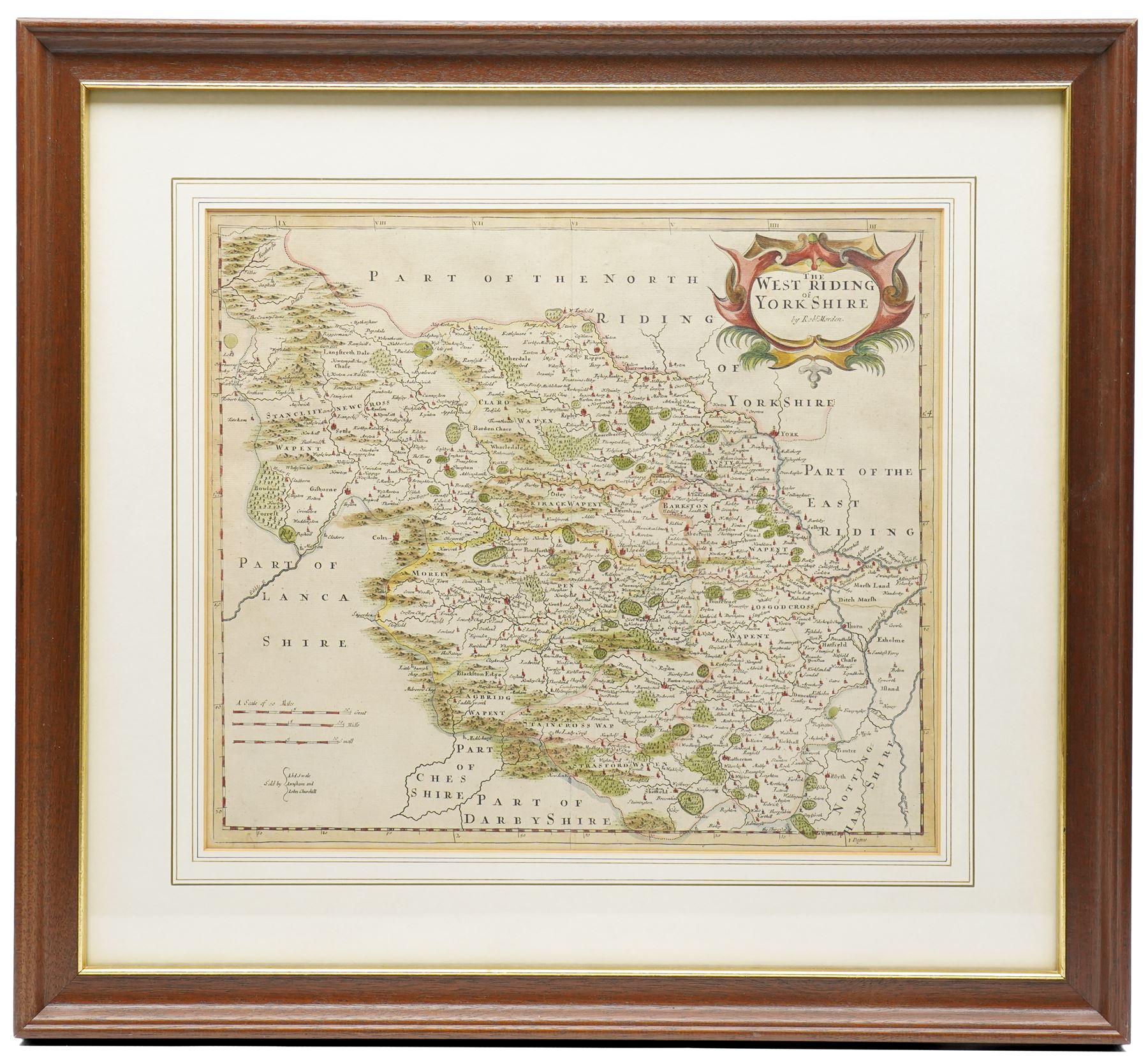 Robert Morden (British 1650-1703): 'The East Riding' 'West Riding ' 'North Riding of Yorkshire' and 'Episcopatus Dunelmensis Vulgo - the Bishoprick of Durham', set of four 17th/18th century engraved maps with hand-colouring 37cm x 42cm (4)