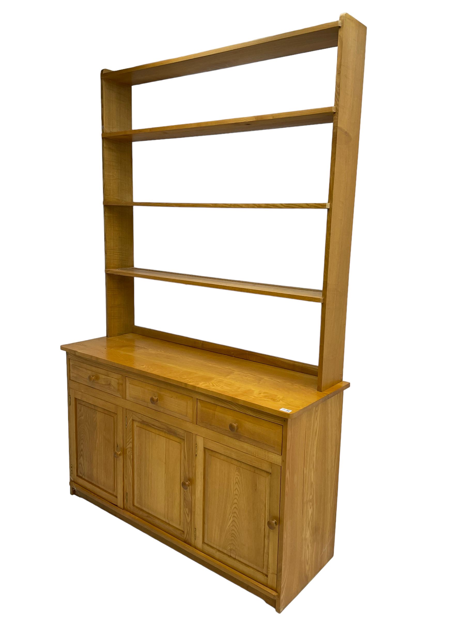 Treske - ash dresser, raised three height plate rack over three drawers and three panelled cupboards
