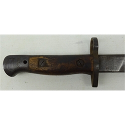  British WWll Jungle Pattern Bayonet, 29.5cm single edge blade stamped Crown over G.R.I over Mk.II 2 43 over RF, part shaped wood grip stamped 57868, in steel mounted leather scabbard, L46cm  