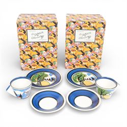 Wedgwood Bizarre by Clarice Cliff, Two sets of Blue Autumn Colonial Teacup, saucer and side plate, limited edition 273 and 273 of 500, both with certificate and box