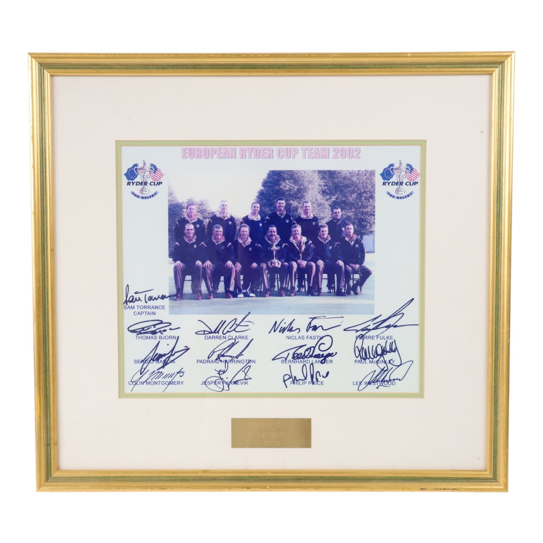 Signed golf memorabilia, to include 1988 US Masters Champion Augusta National flag, signed by Sandy Lyle, a golfing glove signed by Nick Faldo, two signed 2002 Ryder Cup prints, 1979 Masters scorecard signed by Fuzzy Zoeller displayed with a 1980 Masters scorecard signed by Seve Ballesteros, all framed, largest frame H60cm