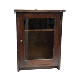 Mahogany wall cabinet with a glass front, H42cm D17cm, together with a small wooden blanket chest, H33cm, L53.5cm. 