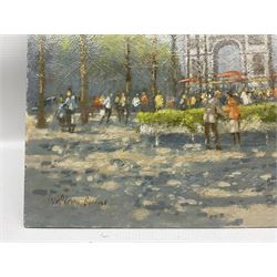 William Burns (Northern British 1923-2010): 'Meeting for Coffee - Champs-Élysées', oil on board signed, titled verso 30cm x 40cm (unframed) Provenance: Direct from the family of the artist. 
Notes: Born in Sheffield in 1923, William Burns RIBA FSAI FRSA studied at the Sheffield College of Art before the outbreak of the Second World War, during which he helped illustrate the official War Diaries for the North Africa Campaign, and was elected a member of the Armed Forces Art Society. On his return, he studied architecture at Sheffield University and later ran his own successful practice, being a member of the Royal Institute of British Architects. However, painting had always been his self-confessed 'first love', and in the 1970s he gave up architecture to become a full-time artist, having his first one-man exhibition in 1979.
