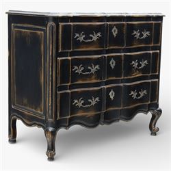 French style black lacquered chest of drawers, the serpentine front fitted with three grad...