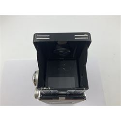 Rolleiflex Series E twin lens camera body, serial no. 1623867, with 'Planar 1.28 f-80mm' lens and 'Heidosmat 1:2.8/80' lens 