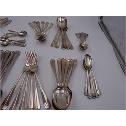 1930s matched set of silver Hanoverian pattern flatware, each with rattail bowls, to include four table spoons, twelve dessert spoons, twelve table forks, twelve dessert forks, twelve teaspoons and twelve coffee spoons, all hallmarked with various makers and dates 