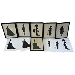 Six framed and glazed reproduction silhouettes, H22cm L17.5cm, together with six unframed examples