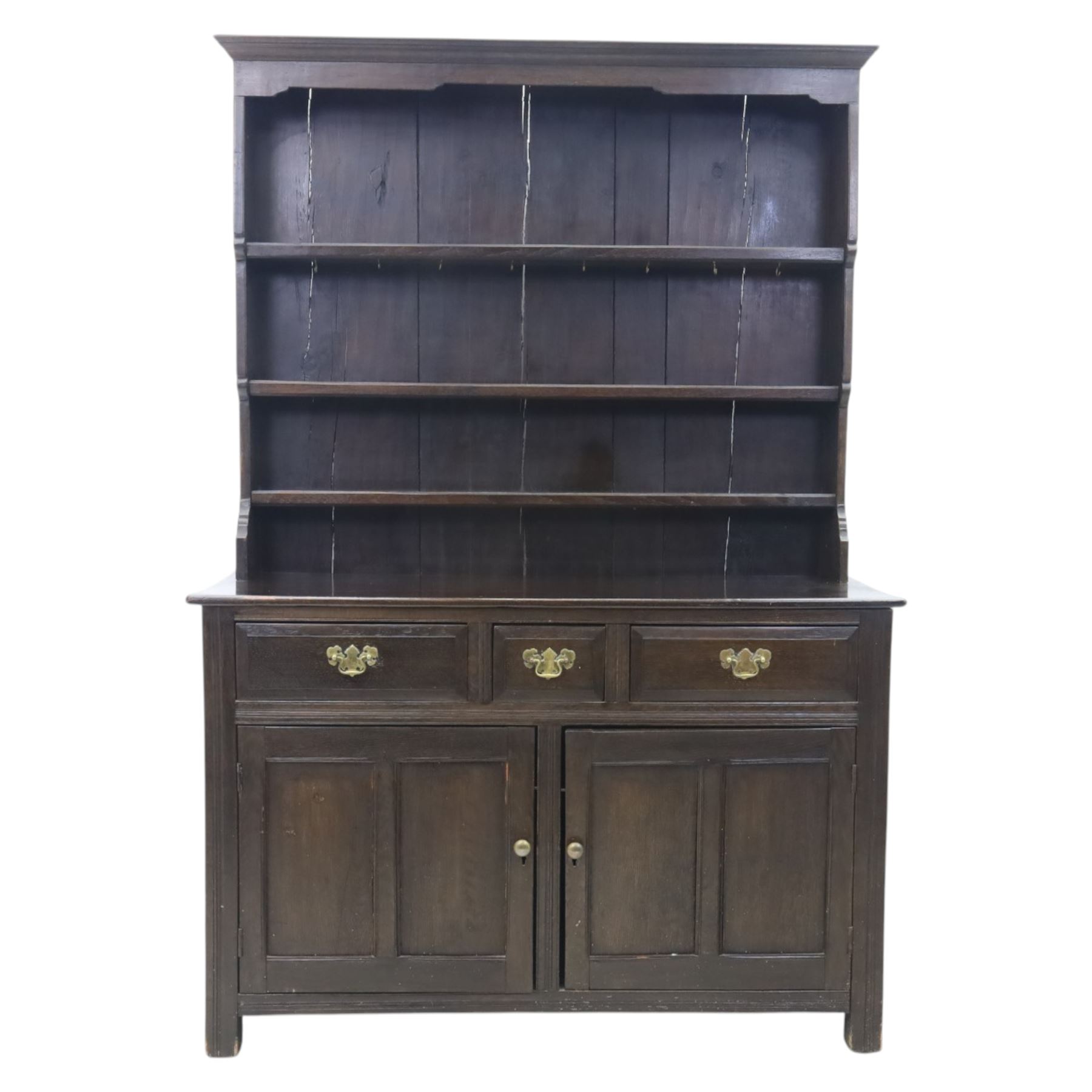 Georgian design oak dresser and rack, fitted with three drawers and two cupboards, complete with three tier plate rack