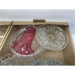 Victorian and later glassware, to include cranberry glass, decanters, large jug, cut glass fruit bowl, drinking glasses, comports and silver plated tankards, in four boxes