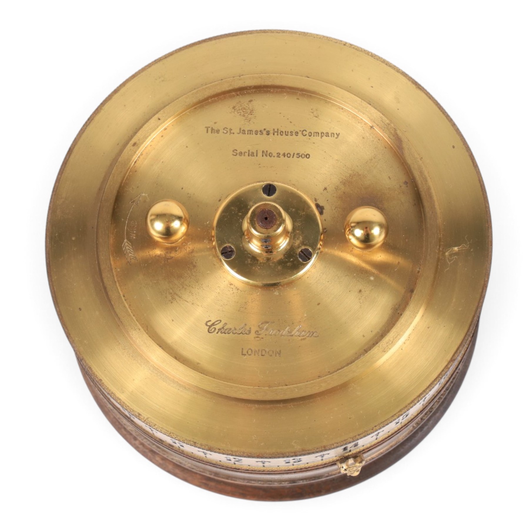 Limited edition Charles Frodsham of London for The St. James's House Company 'Mariners World Clock', the cylindrical brass and wooden body with two silvered annular chapter rings displaying the time and world location, surmounted by silver model of the Golden Hinde upon marble plinth, no. 240/500, H24cm 