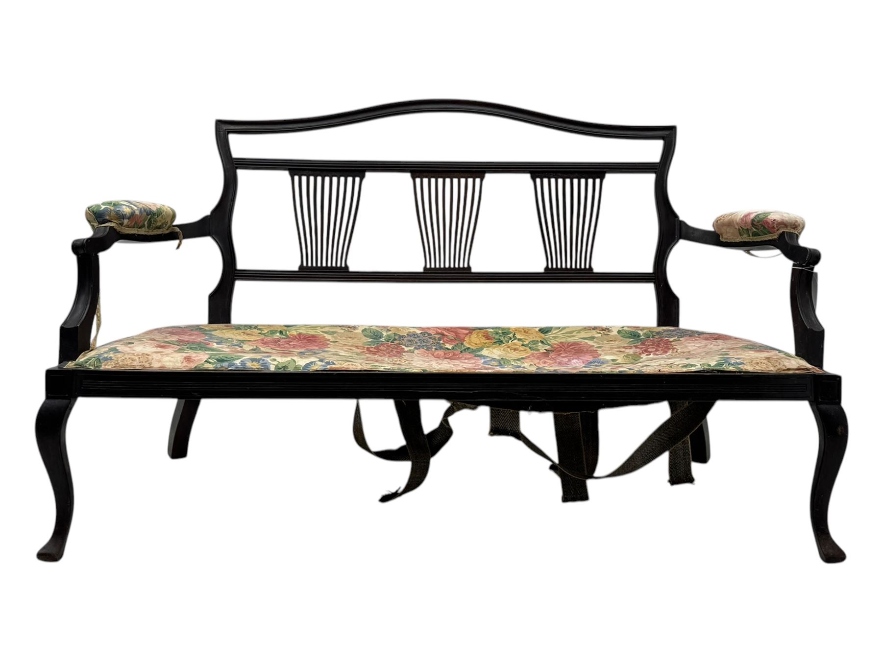 Edwardian mahogany three seater settee, upholstered in floral fabric. Shield back with padded armrests and cabriole legs  
