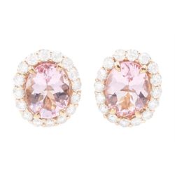 Pair of 18ct rose gold oval cut morganite and round brilliant cut diamond cluster stud earrings, total morganite weight approx 2.85 carat, total diamond weight approx 0.80 carat