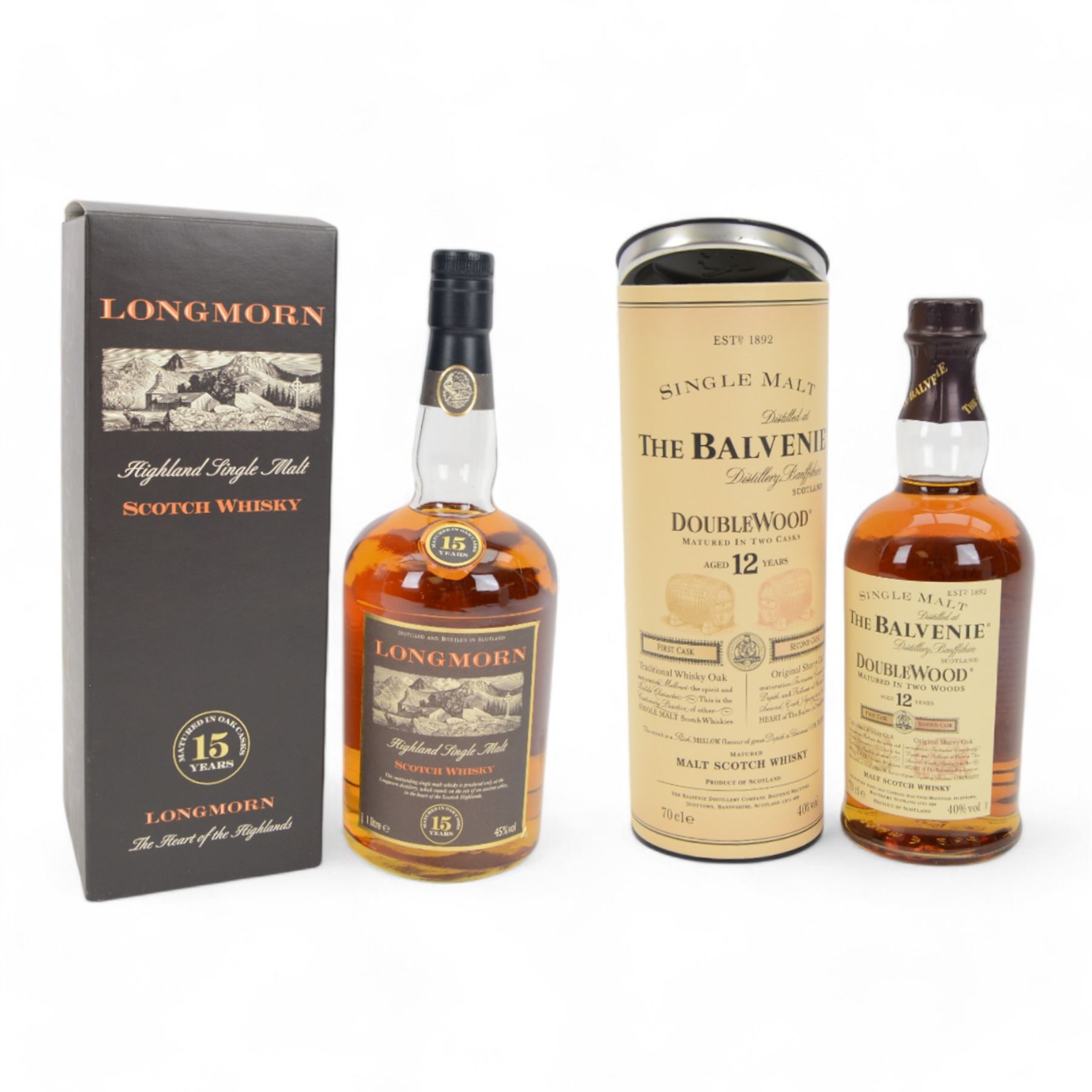 Longmorn, 15 year old, single Highland malt whisky 1 liter, 45% vol and Balvenie Doublewood 12 year old malt Scotch whisky, 70cl 40% vol, both in boxes 