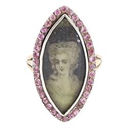 18th / 19th century gold and silver paste stone set portrait ring, the navette bezel set w...