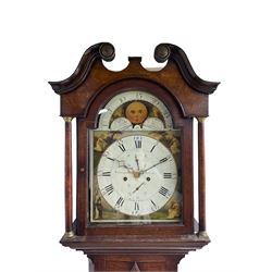 Stockell and Son of Newcastle -  oak cased  early 19th-century 8-day longcase clock, with a swans necked pediment and break arch hood door beneath flanked by  turned pilasters with brass capitals,
trunk with canted corners and long door with an arched top, rectangular plinth on bracket feet, painted dial with 