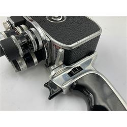 Paillard Bolex D8L STD 8mm cine camera body, serial no. 831223, with 'Paillard Switar 1:1.8 f=36mm AR' lens, serial no. 769123, Paillard Yvar 1:1.8 f=13mm AR' lens, serial no. 782154 and Paillard Pizard 1:1.9 f=5.5mm AR' lens, serial no. 717045, in leather carry case