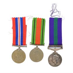 WWII pair of war medals comprising 1939-1945 War Medal and Defence Medal together with General Service Palestine medal with 1945-1958 clasp, awarded to LAC E Fearnley 2204946 Royal Air Force