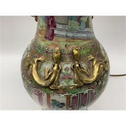 19th century Chinese Canton Famille Rose vase, decorated with figural panels against floral and foliate scroll ground, converted to a lamp, H46cm
