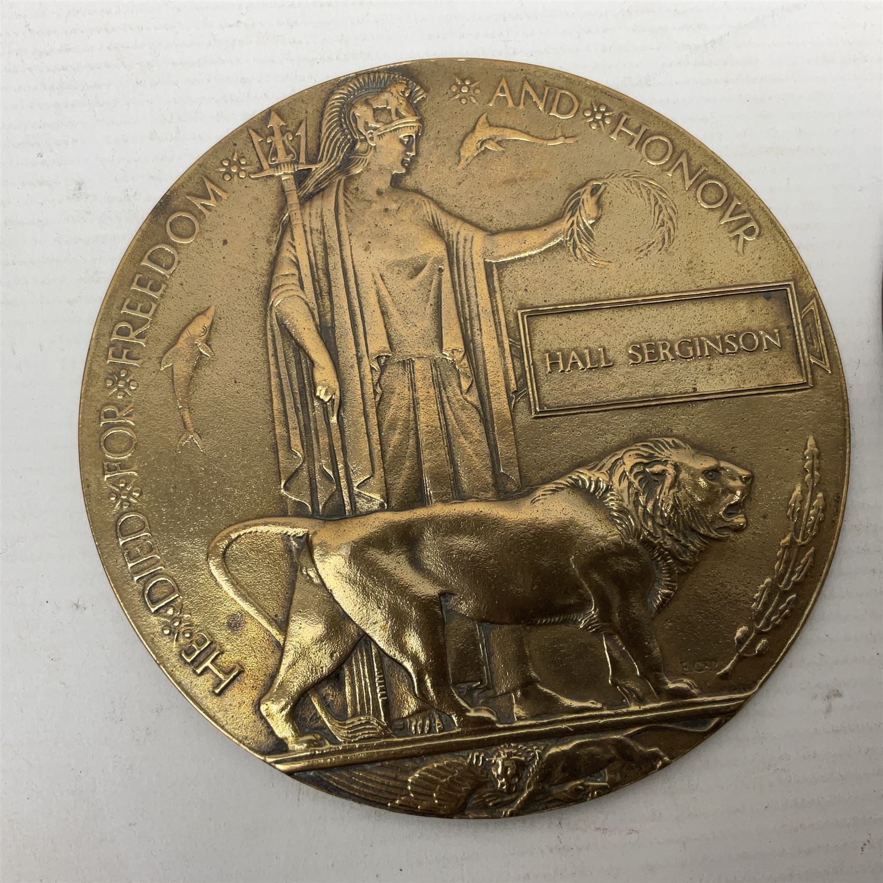 Two WWI bronze memorial plaques named to Hall Serginson and Joseph Stokeld (2)