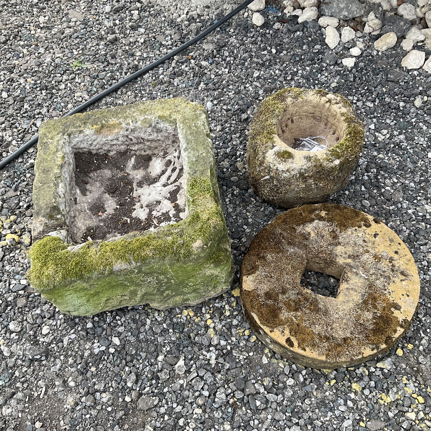 Small circular stone mortar, small stone wheel and a square stone trough - THIS LOT IS TO BE COLLECTED BY APPOINTMENT FROM DUGGLEBY STORAGE, GREAT HILL, EASTFIELD, SCARBOROUGH, YO11 3TX