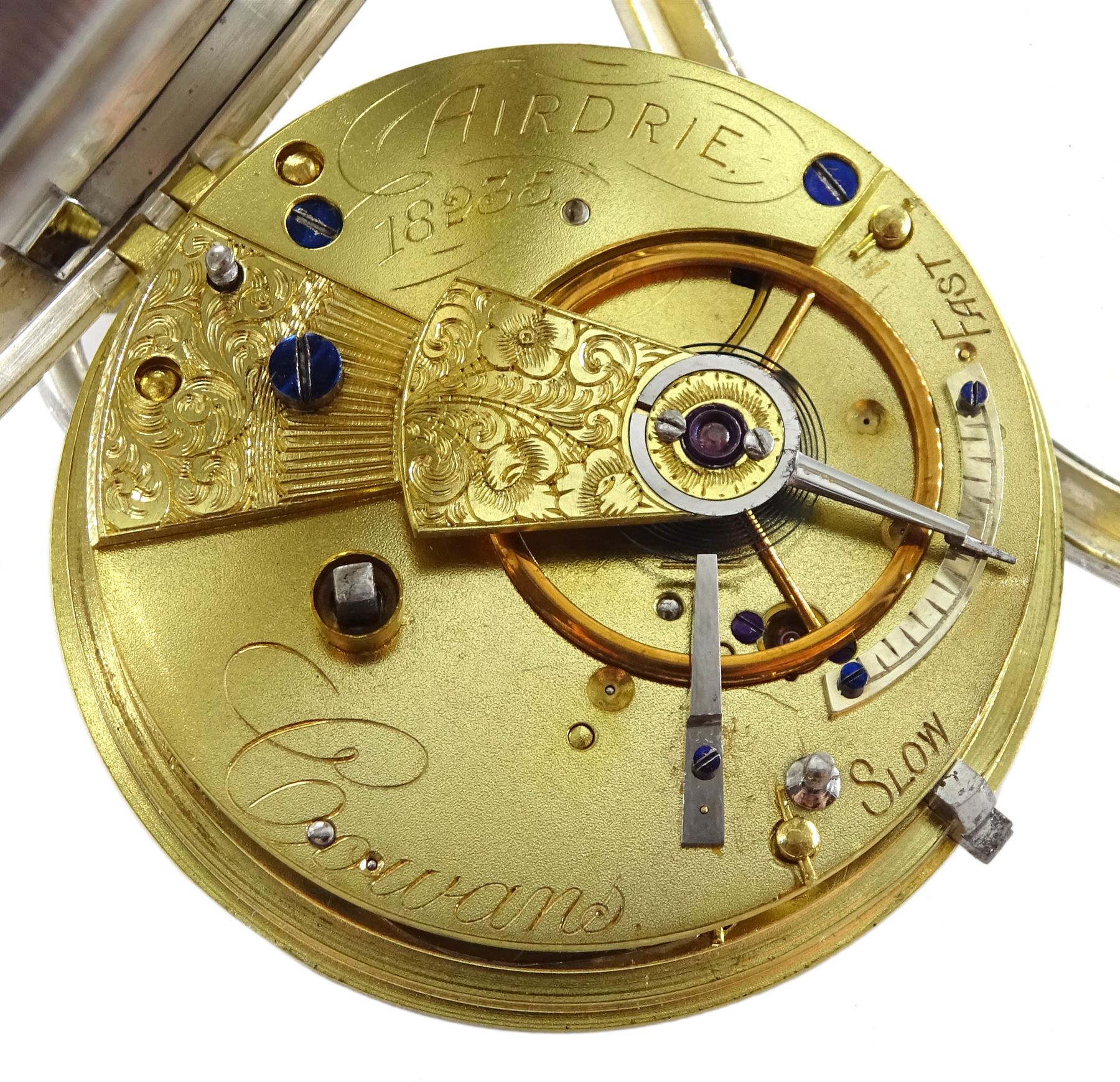 Victorian silver open face English lever fusee pocket watch by Cowans, Airdrie, No. 18235, balance cock with engraved flower decoration, engine turned silver dial with Roman numerals and subsidiary seconds dial, case by Robert Gravenor, Chester 1889