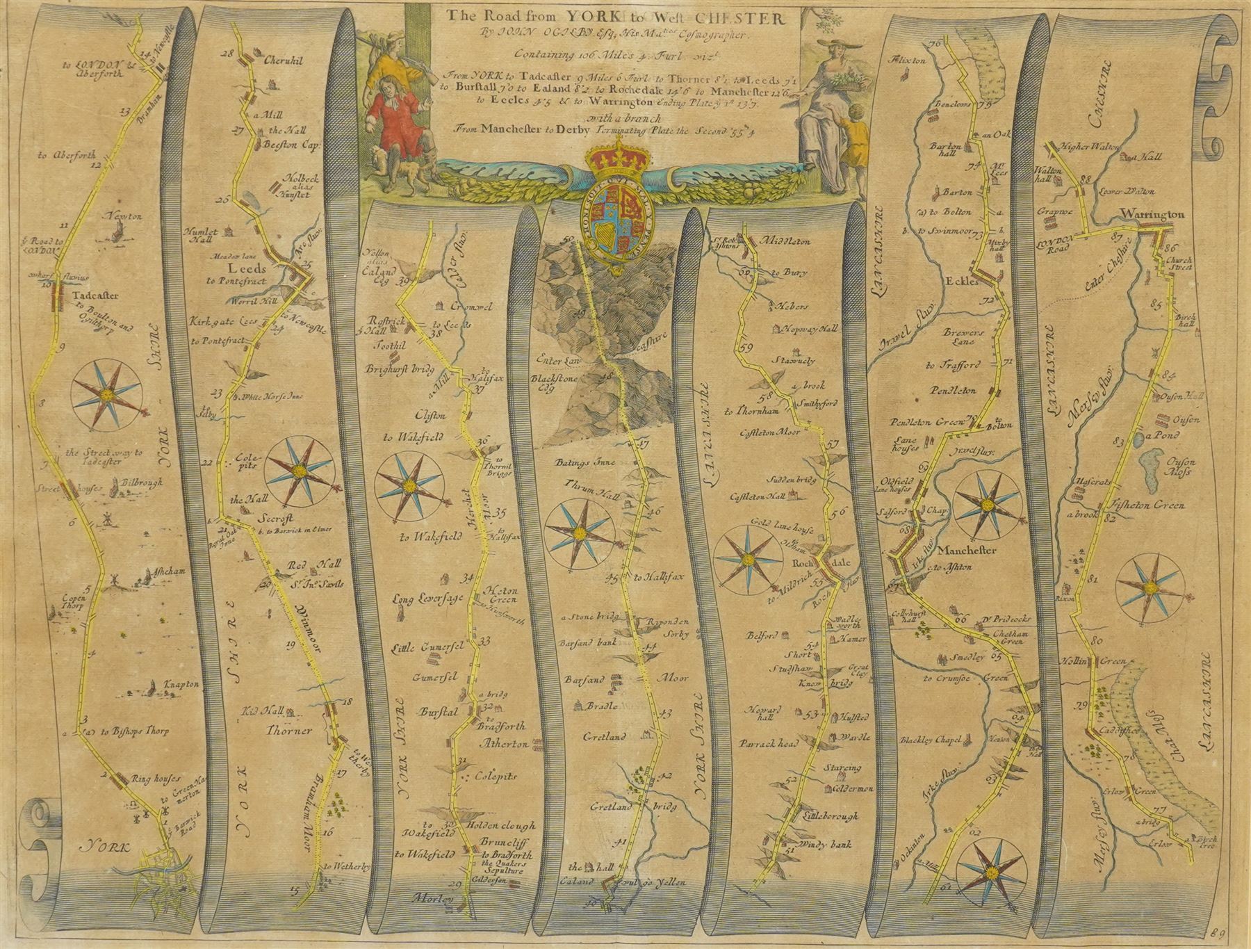 John Ogilby (British 1600-1676): 'The Road from York to West-Chester', late 17th century engraved strip map with hand-colouring pub. c.1675, 35cm x 45cm