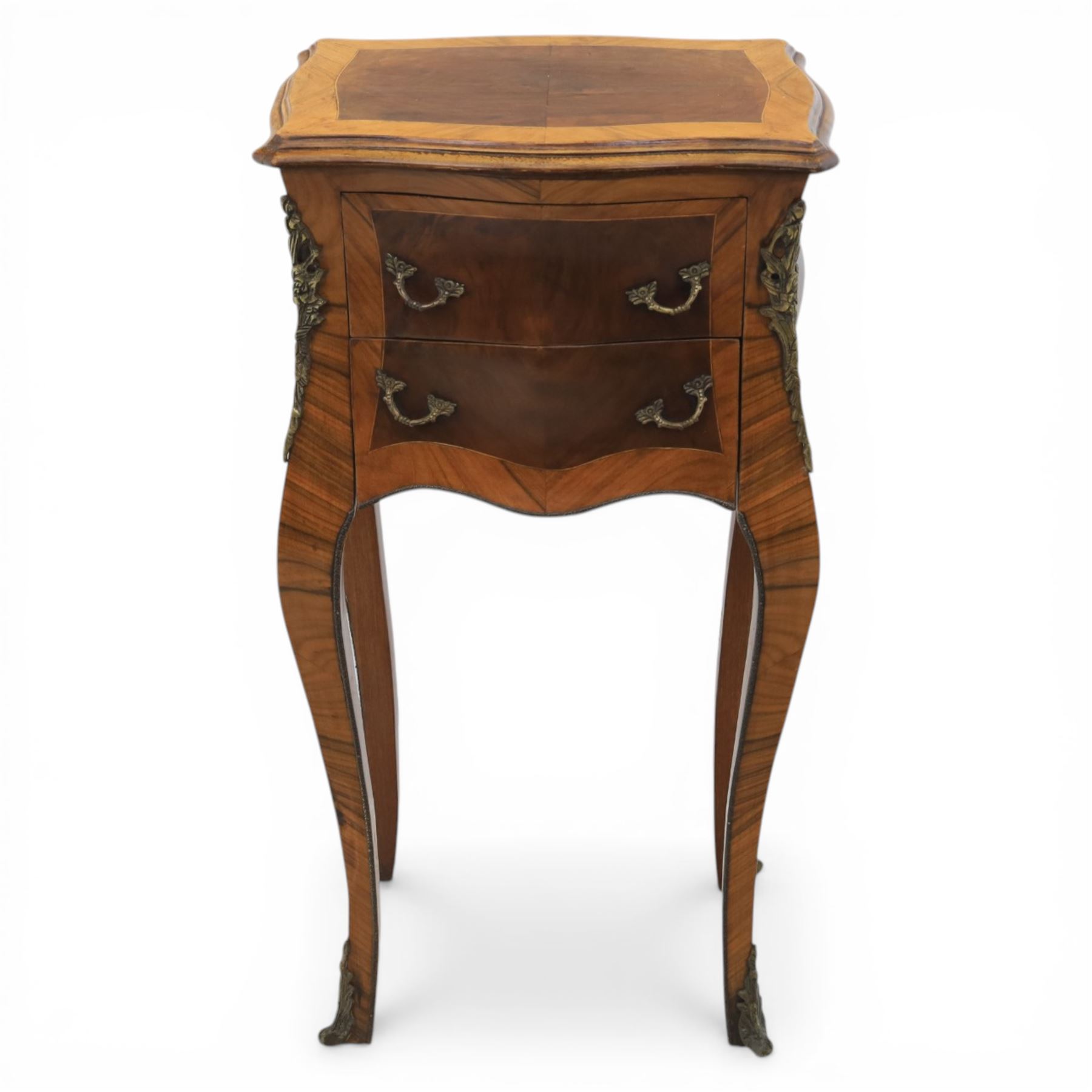 Louis XV style kingwood bedside chest, shaped and crossbanded top above two bombe drawers with cast brass handles, the sides applied with ormolu mounts, on slender cabriole legs terminating in metal sabots