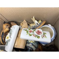 Japanese ceramic egg, three Japanese plates, various cat figures, treen etc in two boxes