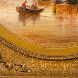 Henry Redmore (British 1820-1887): 'Barges and Other Shipping Drying their Sails in an Estuary Anchorage', circular oil on canvas signed and dated 1860, titled on gallery label verso 33cm diameter 
Provenance: exh. Frost & Reed, label verso