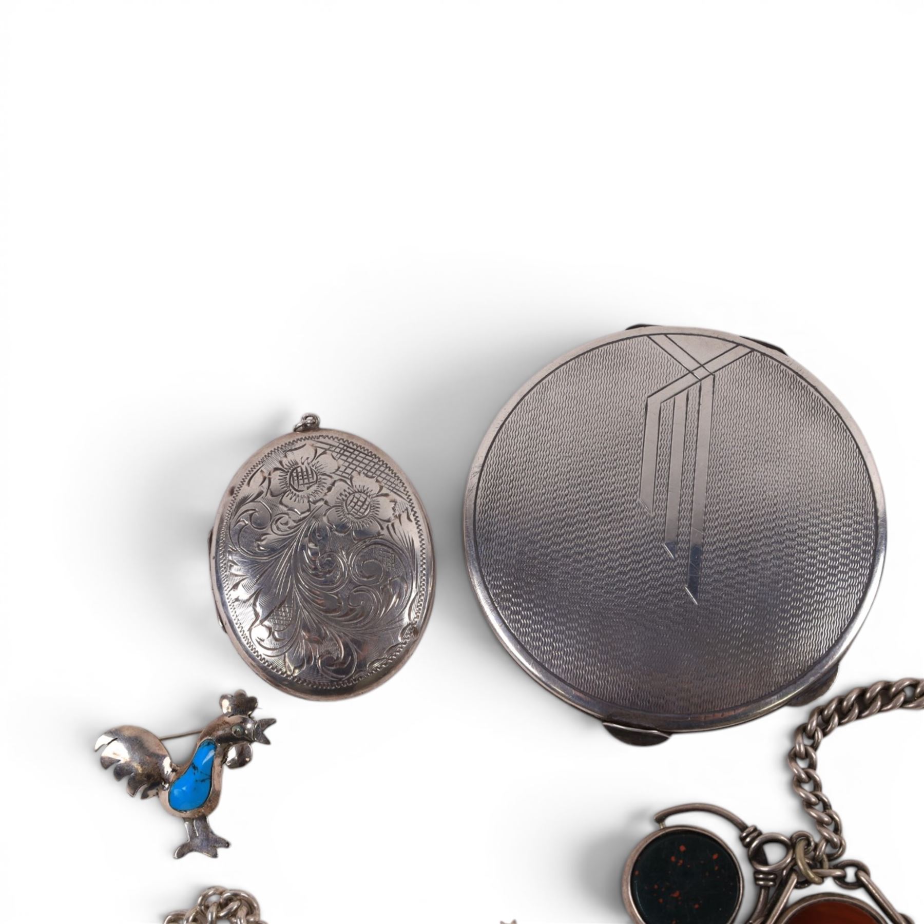 Art Deco silver cased compact mirror, hallmarked W I Broadway & Co, Birmingham 1934, together with Continental silver fob watch, chain, locket and cockerel brooch