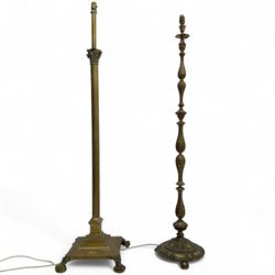 Early 20th century brass standard lamps, one with reeded column and foliate Corinthian sty...