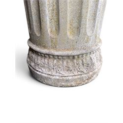 Four 20th century good quality weathered cast stone pedestal urns, circular lobed bowls with rope twist and lattice border, raised on squat base with fluted columns