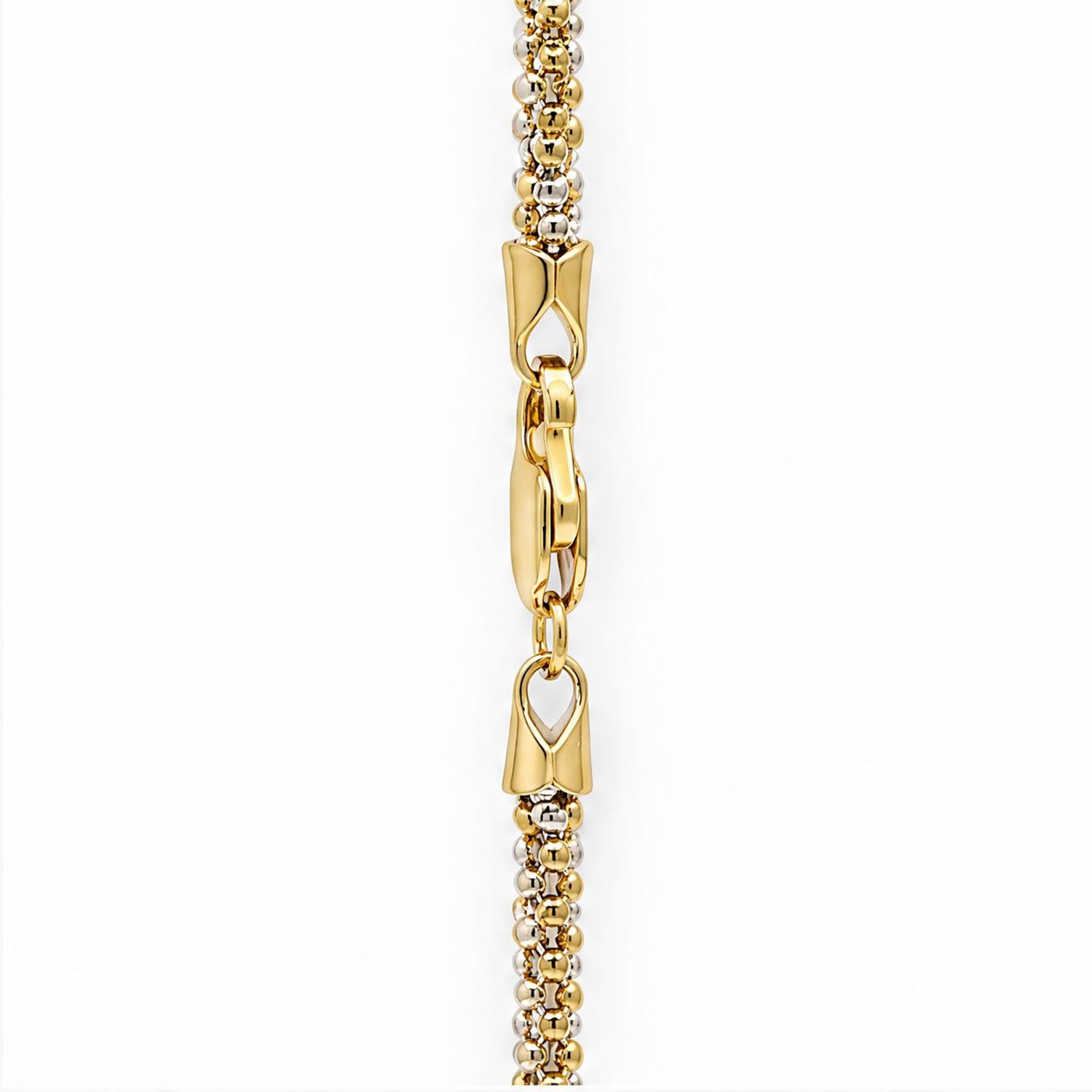 18ct white and yellow gold bead link necklace, stamped 750