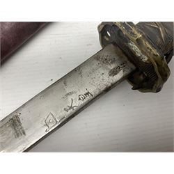 Copy of a WWII Japanese NCO sword, the 65cm slightly curving blade stamped with pseudo Japanese characters and cast brass simulated cord bound grip; in officer's leather bound field scabbard L97cm overall