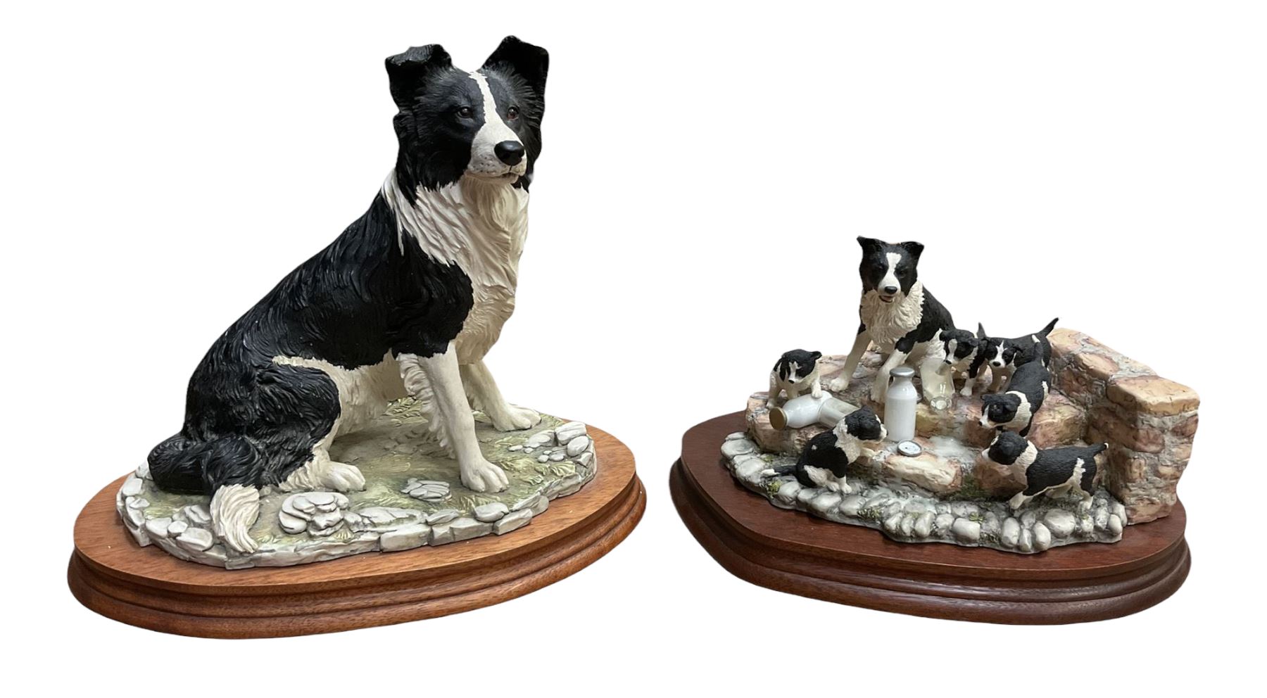 Border fine arts figure, Border collie, model no MT07, by M Turner H22cm, along with Border fine arts figure Spilt milk, model number JH99, by Ray Ayres H15cm.