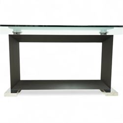 Cattelan Italia - Monaco glass top dining table on wenge base, bevelled and rounded edge clear glass top supported by twin angled black veneered uprights on a rectangular stretcher base, raised on brushed steel foot plates