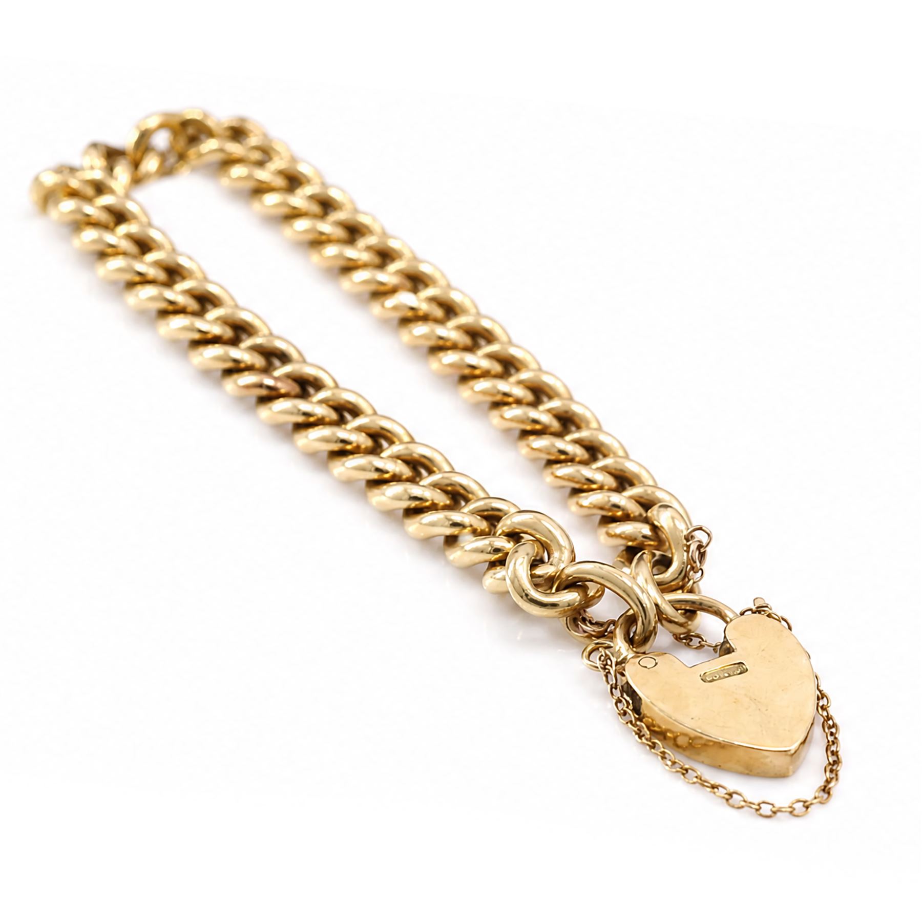 19th / early 20th century 18ct gold curb link bracelet, with heart locket clasp, stamped 18