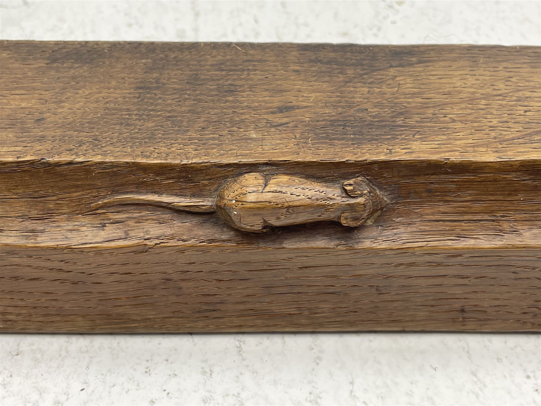 'Mouseman' 1930s/40s tooled oak fire fender, carved with mouse signature, by Robert Thompson of Kilburn