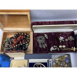 Collection of costume jewellery, to include beaded necklaces, brooches, earrings etc, together with a President Quartz mantel clock, trinket boxes etc