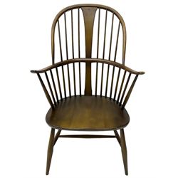 Ercol - 'Windsor' elm and beech high back chair, double hoop and stick back with shaped splat, on splayed turned supports with H stretchers